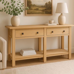 DIY-ontwerp voor een consoletafel in boerderijstijl met lades, houten meubelplannen (PDF-download)