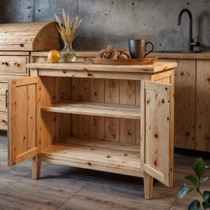 May include: A light-colored wooden cabinet with two doors open, revealing two shelves. The cabinet is part of a rustic kitchen set. A vase with dried plants, a yellow fruit, and a tray with food are on top. The cabinet is made of wood.