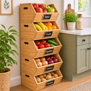 May include: A five-tier stackable bamboo storage bin unit with open fronts and black chalkboard labels. The bins are filled with fresh produce including apples, bananas, oranges, tomatoes, cucumbers, onions, and potatoes, organized by category.