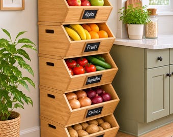 May include: A five-tier stackable bamboo storage bin unit with open fronts and black chalkboard labels. The bins are filled with fresh produce including apples, bananas, oranges, tomatoes, cucumbers, onions, and potatoes, organized by category.