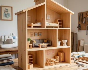 May include: A three-story wooden dollhouse with an open-front design. The interior features miniature furniture including beds, a gray sofa, a coffee table, a dining set, and shelving units. The walls are decorated with small framed pictures.