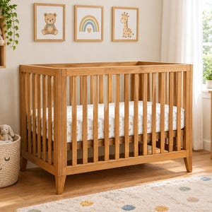 May include: A light brown wooden crib with vertical slats and a white mattress featuring a subtle tan pattern. The crib has a rectangular frame with four sturdy legs and is positioned in a room with light-colored walls and wooden flooring.
