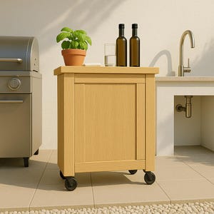 Puede incluir: Un mueble de exterior de madera clara sobre ruedas. El mueble tiene una parte superior plana con una planta en maceta, dos botellas y un vaso. A la izquierda hay una parrilla de acero inoxidable. El mueble está sobre una superficie embaldosada.