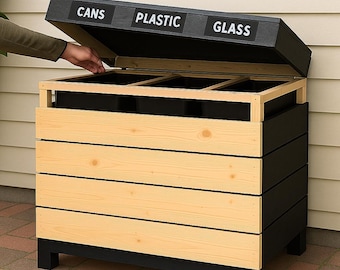 May include: A wooden recycling bin with three compartments labeled "CANS", "PLASTIC", and "GLASS". The bin has a hinged lid and a natural wood finish with black accents. The bin is designed for outdoor use.