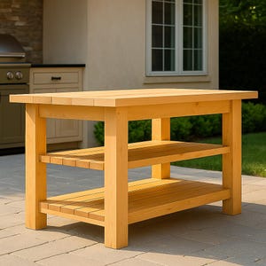 May include: A light-coloured wooden outdoor kitchen island with two slatted shelves. The island has a rectangular top and is supported by four sturdy legs. The island is made of light-coloured wood and is set on a brick patio.