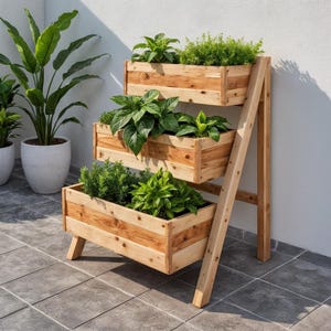May include: A three-tiered wooden planter with various green plants. The planter has a natural wood finish and a ladder-like support structure. The plants include herbs and leafy greens, creating a vibrant display for a garden or patio.