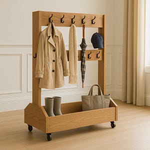 May include: A wooden coat rack with a beige trench coat, a cream scarf, a black and green umbrella, and a navy blue cap hanging from black hooks. The rack also holds grey boots, a grey tote bag, and has wheels.