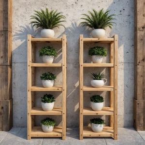 Puede incluir: Dos estanterías de madera para plantas, cada una con cinco niveles, se exhiben contra una pared de hormigón. Cada estantería contiene varias plantas en macetas con follaje verde en macetas de cerámica blanca. Las estanterías son de madera clara.