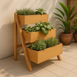 Puede incluir: Un soporte de jardinera de madera de tres niveles lleno de varias hierbas y plantas. El soporte marrón claro tiene un diseño similar a una escalera, con cajas rectangulares que contienen la vegetación. Las plantas incluyen albahaca, romero y tomillo.