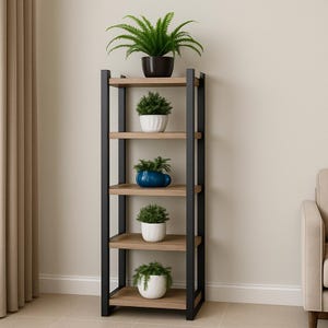 May include: A tall, four-shelf bookcase with a black metal frame and light wood shelves. The shelves display various potted plants, including a large fern in a black pot on top, and smaller plants in white and blue pots.