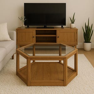 Könnte beinhalten: Sechseckiger Couchtisch aus hellem Holz mit Glasplatte. Er steht auf einem weißen Teppich. Im Hintergrund ein Holzschrank mit einem Fernseher. Der Tisch hat einen Durchmesser von ca. 100 cm.