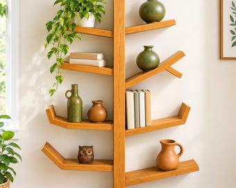 May include: A light brown wooden tree-shaped wall shelf with multiple angled branches holding a green potted plant, several books, two green vases, a brown vase, a brown pitcher, and a small brown owl figurine on various levels.