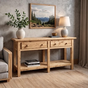 Peut inclure: Une console en bois clair avec deux tiroirs et une étagère inférieure. Une peinture de paysage encadrée est accrochée au-dessus de la table, et une lampe et un vase sont posés dessus. Un canapé gris est à gauche.