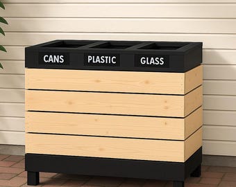 May include: A wooden recycling bin with three compartments labeled "CANS", "PLASTIC", and "GLASS". The top and base are black, while the main body is made of light-colored wood. The bin is designed for outdoor use.