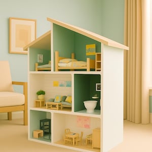 May include: A multi-level dollhouse with a white exterior and a light wood roof. The interior features miniature rooms with furniture, including beds, a sofa, and a dining table. The rooms are painted in shades of green and white, with small framed art.