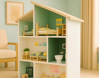 May include: A multi-level dollhouse with a white exterior and a light wood roof. The interior features miniature rooms with furniture, including beds, a sofa, and a dining table. The rooms are painted in shades of green and white, with small framed art.
