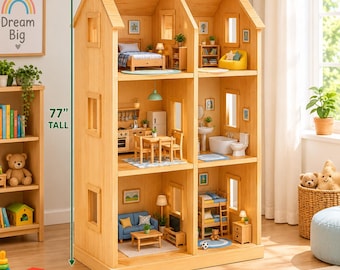 May include: A three-story wooden dollhouse with a gabled roof, featuring multiple rooms furnished with miniature beds, a kitchen, a dining set, a bathroom, a living room, and bunk beds. The structure is labeled as 77 inches tall.