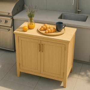 May include: A light oak cabinet with two doors, a countertop, and a small wooden tray with two croissants and a blue mug. A vase with lavender and a glass of orange juice sit on the countertop, along with an orange. The cabinet is in an outdoor kitchen setting.