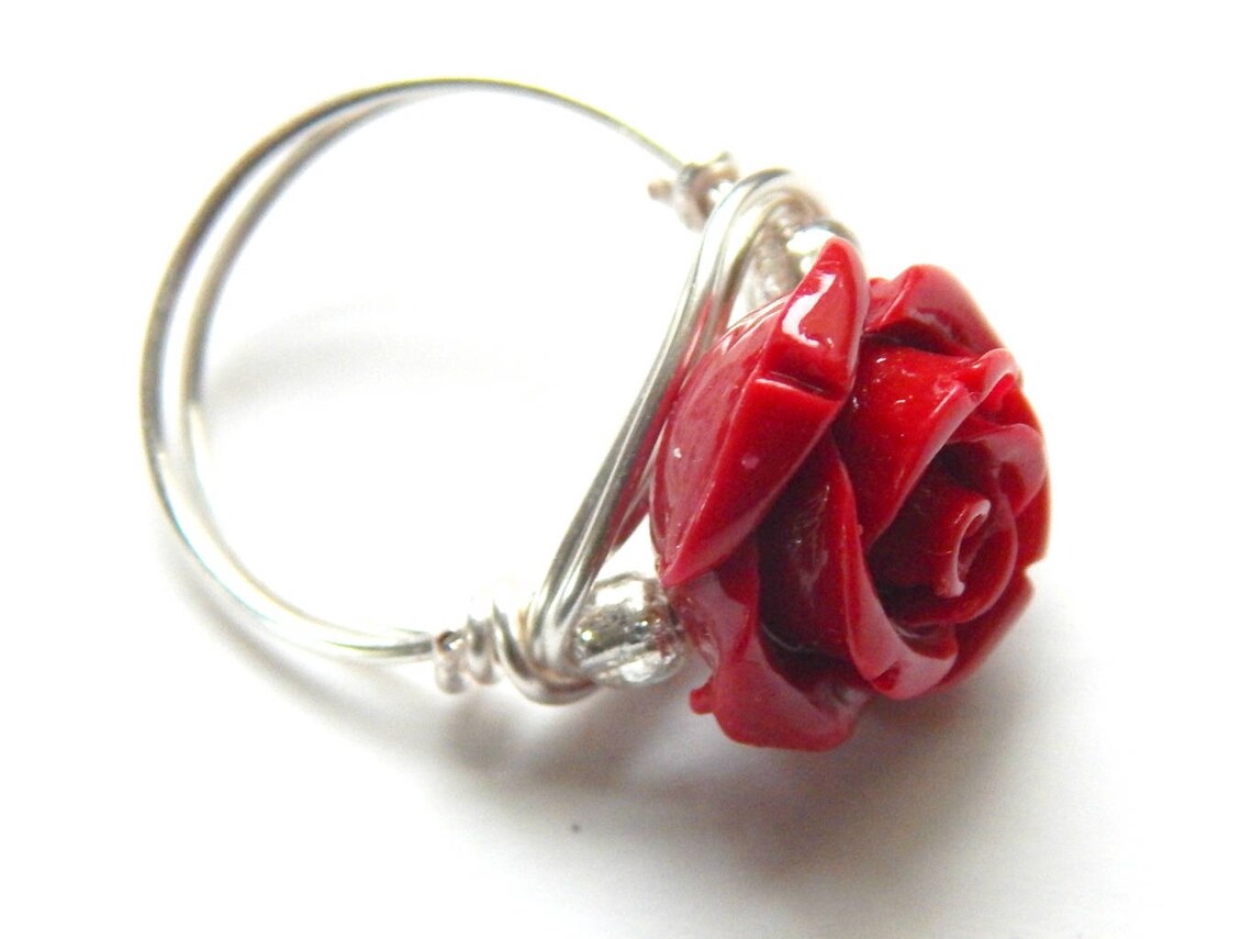 Red Rose Ring Silver Rose Ring Red and Silver Ring Etsy