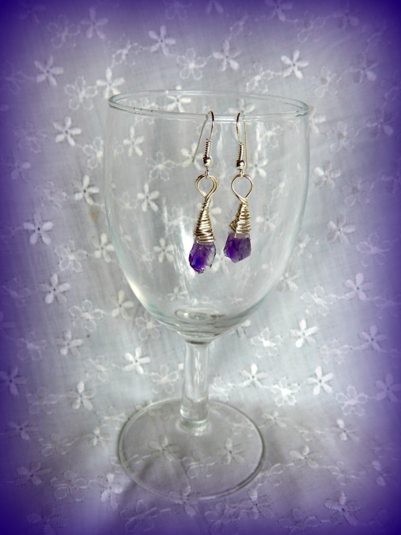 Raw Amethyst Drop Earrings Raw Amethyst Stones February Birthstone Earrings Silver and Amethyst Earrings Small Raw Amethyst Earrings