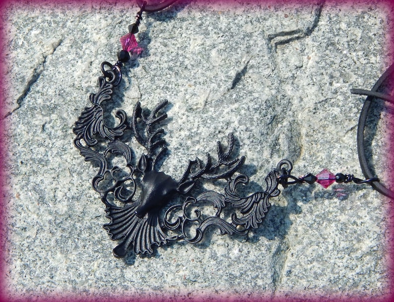 Fantasy Dear Head Necklace Deer Necklace Victorian Mourning Jewelry Gothic Necklace Black and Pink Crystal Necklace Leather Necklace
