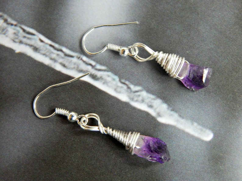 Raw Amethyst Drop Earrings Raw Amethyst Stones February Birthstone Earrings Silver and Amethyst Earrings Small Raw Amethyst Earrings