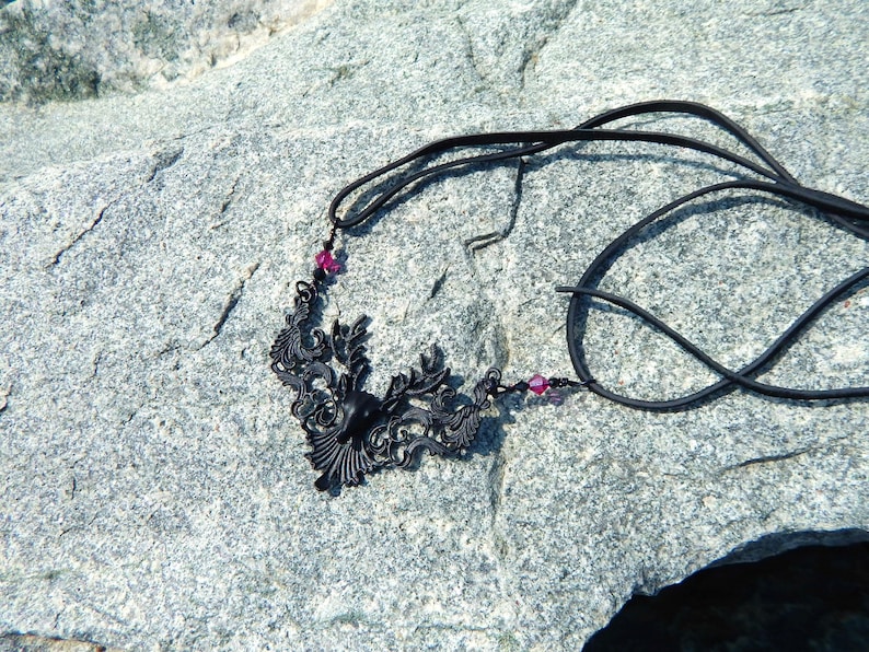 Fantasy Dear Head Necklace Deer Necklace Victorian Mourning Jewelry Gothic Necklace Black and Pink Crystal Necklace Leather Necklace