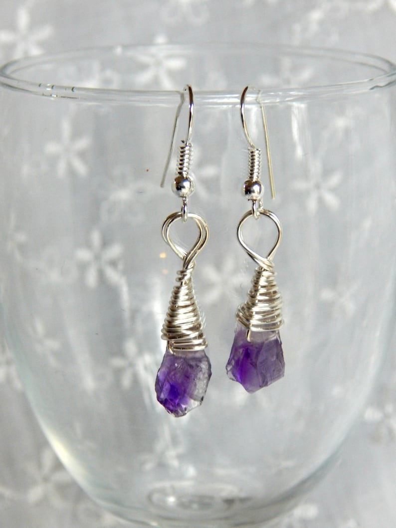 Raw Amethyst Drop Earrings Raw Amethyst Stones February Birthstone Earrings Silver and Amethyst Earrings Small Raw Amethyst Earrings