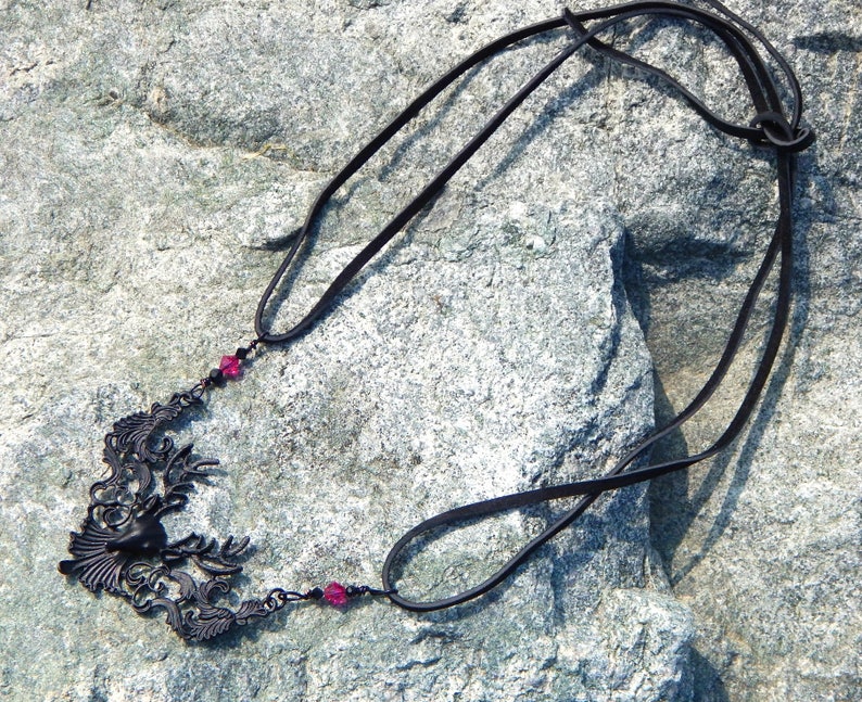 Fantasy Dear Head Necklace Deer Necklace Victorian Mourning Jewelry Gothic Necklace Black and Pink Crystal Necklace Leather Necklace
