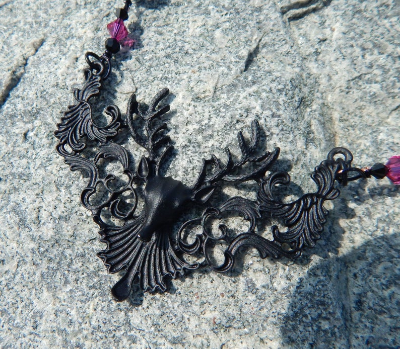 Fantasy Dear Head Necklace Deer Necklace Victorian Mourning Jewelry Gothic Necklace Black and Pink Crystal Necklace Leather Necklace