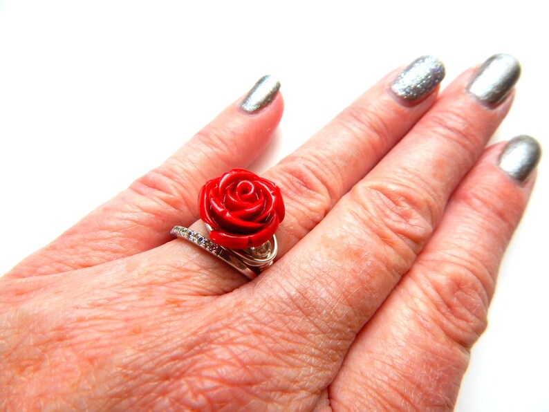 Red Rose Ring Silver Rose Ring Red and Silver Ring Etsy