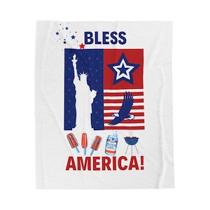 Patriotic Velveteen Plush Blanket | Bless America Design | Cozy Throw for Fourth of July, Memorial Day, BBQs, Home Decor