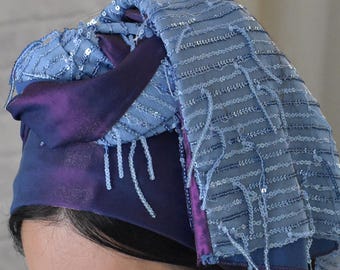 Sequin Silk Head Wrap | Dark Blue Purple Hair Scarf | Modest Head Covering | Chemo Headwear | Handmade in Israel by oshratDesignz