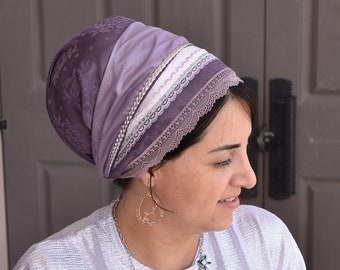 Purple apron style Tichel fancy jewish headcovering tichel headscarf by oshratdesignz