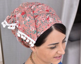 Bufanda de algodón larga rectangular con ponpones, estampado floral único, coberturas judías para el cabello, de oshratDesignz