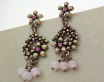 Lovely pink Earrings, Bronze Flowers Hanging Earrings for special occasions, Long Hanging earrings by oshratDesignz