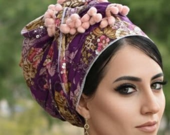 Bufanda larga rectangular de algodón con pompones rosas, estampado floral único en morado y cobertores judíos para el cabello, de oshratDesignz