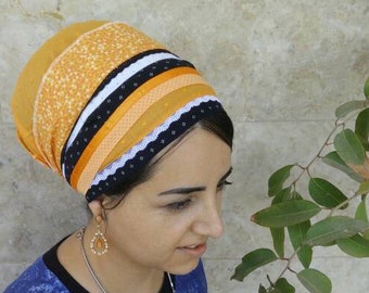 Orange head wrap, lace cover, jewish headcovering, Tichel, head bandana, hair wraps, kopfbedeckung, by oshratdesignz