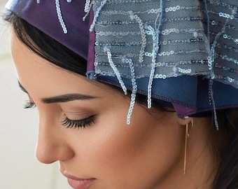 Sequin Silk Head Wrap | Dark Blue Purple Hair Scarf | Modest Head Covering | Chemo Headwear | by oshratDesignz