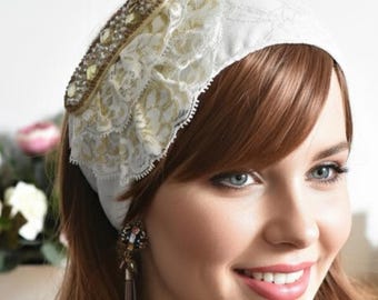 hair band with lovely flower attached, Headband,Jewish hair covering, tie in the back, Haarband, Two of a kind, by oshratDesignz