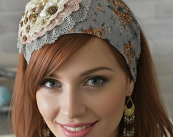 Floral pink, flower Chic headband, Unique haarband,  unique, hair accessory made of cotton  & Lace by oshratDesignz