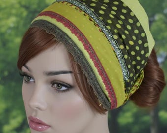 Handmade Green Colorful Cotton Tichel WIDE Headband - Soft Breathable Hair Wrap by oshratDesignz