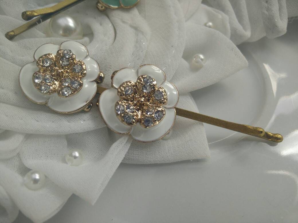 White Gold Studded Hair Pin Bobby Pin Fancy Bobby Pins Etsy