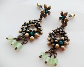 Lovely GREEN Earrings, Bronze Flowers Hanging Earrings for special occasions, Long Hanging earrings by oshratDesignz