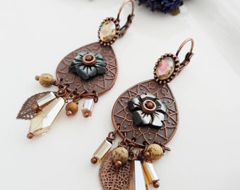 Pretty Dangle Earrings, Bronze Hanging Earrings for special occasions, Long Hanging earrings by oshratDesignz