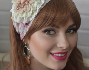 Floral pink, flower Chic headband, Unique haarband,  unique, hair accessory made of cotton  & Lace by oshratDesignz