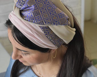 Chic purple gold Headscarf | handmade tichel | hair covering | cover the entire head or wide headband | by oshratDesignz
