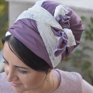 Glossy silk scarf combined with stunning lace , Head Scarf, Head Covering, Jewish Headcovering, Scarf, Pashmina