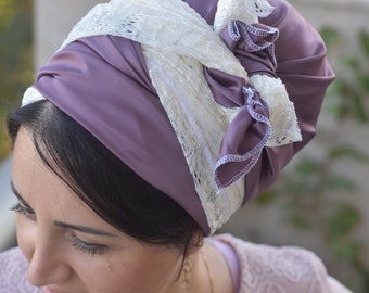 Bufanda de seda brillante combinada con encaje impresionante, bufanda de la cabeza, cubierta de la cabeza, cubrecabezas judío, bufanda, pashmina