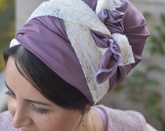 Glossy silk scarf combined with stunning lace , Head Scarf, Head Covering, Jewish Headcovering, Scarf, Pashmina